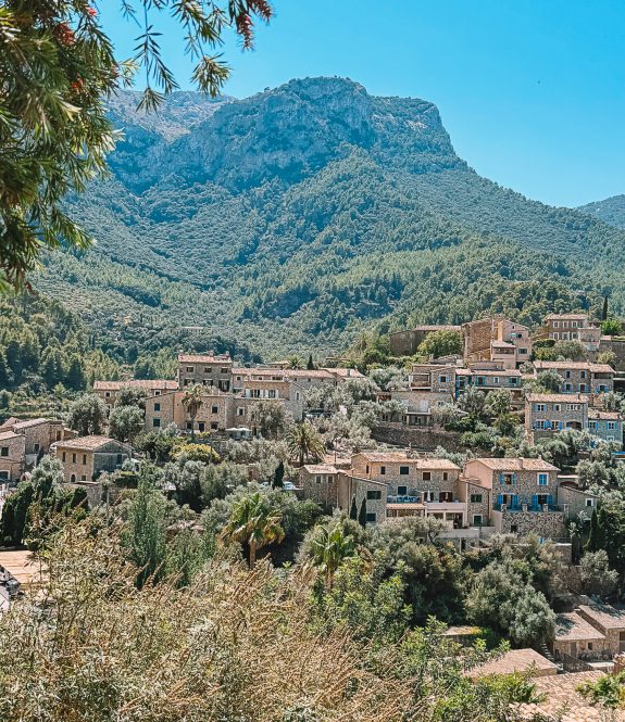 This image shows a picturesque hillside village nestled within a lush, green mountainous landscape. The village is composed of traditional stone houses with terracotta roofs, some of which are adorned with colorful shutters. The surrounding area is rich with greenery, including dense forests that blanket the mountainsides and various trees, such as palms and other Mediterranean vegetation. In the background, a towering mountain rises dramatically, its slopes covered in pine trees, creating a stunning backdrop against the clear, bright blue sky. A few branches with red-tipped leaves are visible in the top left corner of the image, adding a natural frame to this serene scene.